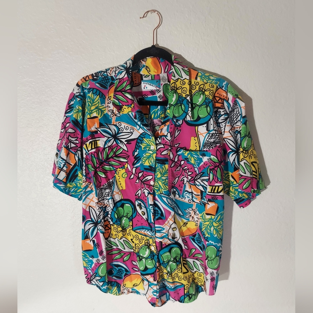 Assemblage Vintage 80s 90s Tropical Multicolor Cotton Button Up Shirt WM Size L